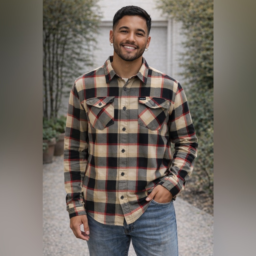 DIXXON Snap On Men’s Beige, Black & Red Plaid Button-Down Shirt